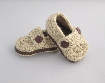 Baby Boy's Handmade Crocheted Loafer Style Booties/ Crocheted Booties/ Baby Loafers/ Baby Booties/ Baby Slip On Shoes/ Brown Booties