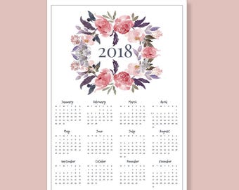 A4 2018 Calendar, Printable Wall Calendar, Watercolor Floral Calendar, A3 Calendar, CEUR2018, INSTANT DOWNLOAD