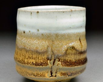 Extraordinary Small Handmade Stoneware Yunomi Tea Cup or Larger Guinomi Sake Cup glazed with Yellow Crystal Matte with Nuka Glazed Interior.