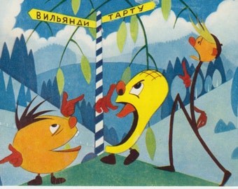 Unused vintage Estonian cartoon postcard with cartoon animals - Soviet Postcard from 60s