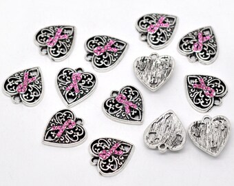 Heart Charm - Breast Cancer Awareness Ribbon - Pink Rhinestone - Set of 2 charms - #MP103