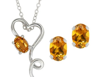 2.5 Ct Yellow Citrine Oval Heart Stud Earrings & Pendant .925 Sterling Silver Rhodium Finish