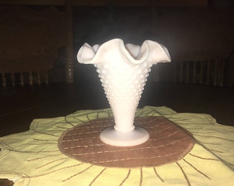 Rare Vintage Fenton Rose Pastel Hobnail Double Crimped Edge Vase