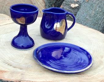 Blue and Gold Heart Communion Set Chalice Paten Pitcher Handmade Pottery by Daisy Friesen