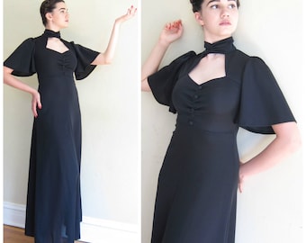 Vintage 1970s Black Evening Dress Keyhole Neckline / 70s Flutter Sleeve Empire Waist Party Dress / Small