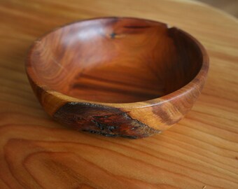 Hand Turned Bowl from Reclaimed Plum Wood with beautiful grain and bark on side, Medium Size - Finished with food safe mineral oil