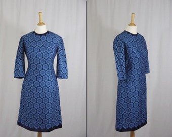 1960s Blue Floral Lace Wiggle Dress * Size Small