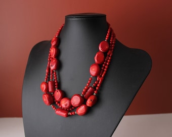 Multistrand Red bamboo coral necklace sterling silver 925