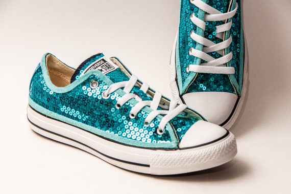 Sequin Malibu Blue Canvas Converse Low Top Sneakers Shoes