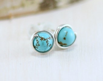 Turquoise Earrings, Sterling Silver Genuine Turquoise Stud Earrings Wire Wrapped Post Earrings December Birthstone Jewelry
