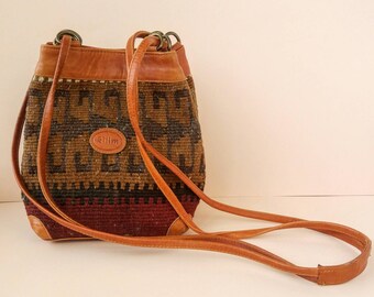 Vintage Kilim Carpet Purse with Leather Trim and Shoulder Strap - Small Boho Bucket Bag