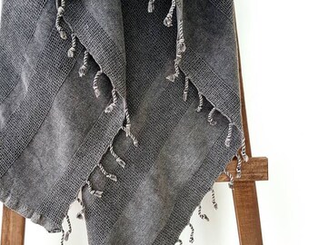 Grey Blanket Throw - UltraSoft Couch Throw - Stone Grey Bohemian Coverlet - Waffle Throw - Gift for Him - Natural BedCover - Tassel Blanket