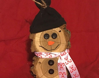 Wood slice snowman candy cane scarf