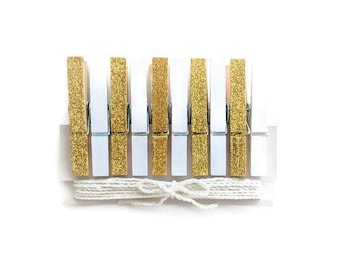 White & Gold Glitter Clothespins. Mini Clothespins. Gold Glitter Wedding Party Decor. Gold Bridal Shower. Kids Art Display Clothespin Magnet