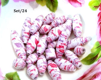 Unique Paper Beads - Handmade - Pinks & Purples - Set of 24 - PB132