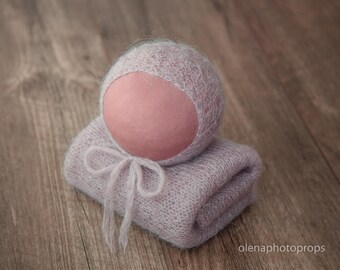 Mohair wrap and bonnet set, mocka knit wrap newborn photography prop, newborn bonnet photography, light mocka wrap and hat set props.