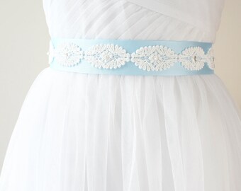 Blue Bridal Sash, Wedding Belt, Bridesmaid Sash, Light Blue Sash