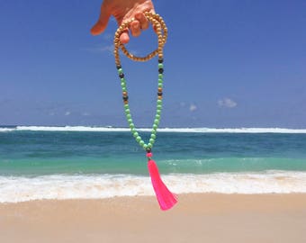 Pink Beaded Tassel Necklace - Pastel Mint Neon Mala Necklace - Pink Tassel Necklace - Long Bohemian Vibes Necklace - Boho Tassel Jewelry