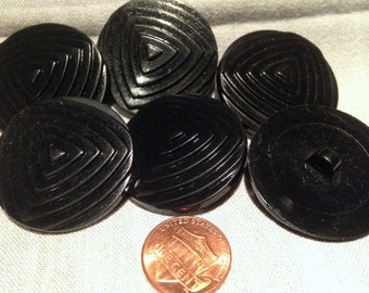 6 Shiny Tiered Black Plastic Shank Buttons 34.7mm 1 3/8" # 7007
