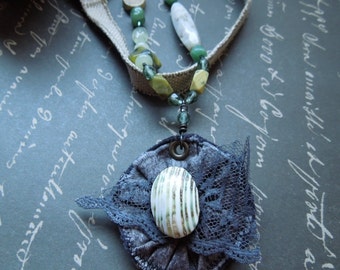 Asymmetrical Green Fabric Necklace with Green & Gray Layered Fabric Pendant OOAK