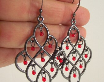 Gunmetal Chandelier Earrings Red Glass Drops, Gunmetal Earrings