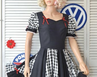 Vintage Womens Dress Rockabilly Square Dance Swing Full Skirt Black & White Checkered Costume Handmade OOAK 60s 70s Retro 40s 50s Small