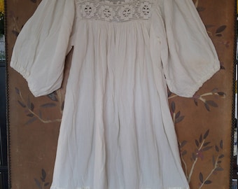 80s ivory cheesecloth bat wing boho hippie dress with crochet neck