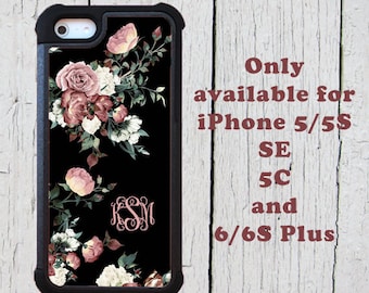 Vintage shabby chic roses monogrammed iPhone 5s case iPhone 5c iPhone SE iPhone 6s Plus cover with extra rubber protection