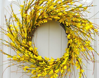 Round Yellow Forsythia Wreath for Front Door Decor~Farmhouse Decor~Farmhouse Style~Fixer Upper~Spring and Summer Wreaths~22" Diameter