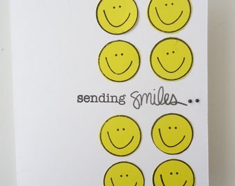 Sending Smiles...Yellow smiley face card - smiling happy face card - Thinking of you, Miss you, Hello, friendship,blank note card