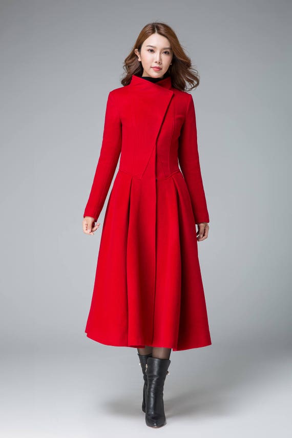 coats for women red winter coat asymmetrical coat pleated