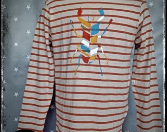 Custom handpainted long-sleeved striped T-shirt with beetle//Insectívoro Collection 002