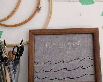 Moon and Waves - Framed Embroidery Art