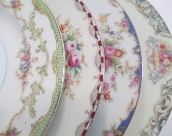 Vintage Mismatched China Salad Plates for Farmhouse, Cottage Chic, Shabby, Rustic, Wedding, Bridal Luncheon, Tea Party - Set of 4
