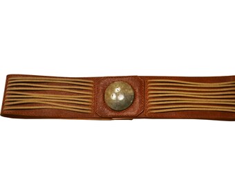 Women's Leather Waist Belt - Cognac leather waist belt with natural stone and lacing detail.