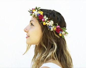 Bridal Flower Headpiece, Wildflower Flower Crown, Rustic Bridal Floral Crown, Wildflower Headpiece, Pink, Yellow, Rustic Wedding, Woodland
