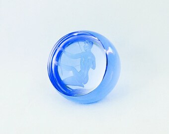 Blue Art Glass Paperweight Greek God Apollo Acid Etched, Office Desk Decor