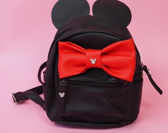 Disney Inspired Minnie Mouse Black Mini Backpack with Ears and Red Bow and Hidden Mickeys with convertible straps to side purse perfect fo