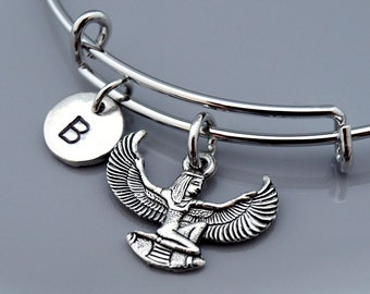 Isis bangle, Egyptian goddess Isis, Silver Isis, Winged Isis, Egyptian theme, Aset, Iset, Expandable bangle, Charm bangle, Initial bracelet