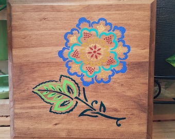 Wood flower painting, Bohemian art decor, Bohemian painting, floral painting