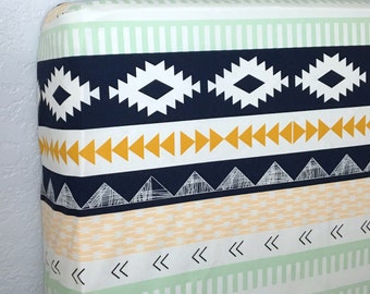 Fitted Crib Sheet in Mint, Navy and Peach Tribal Aztec, Girl or Boy - Ready to Ship