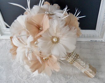 Wedding bouquet, Feather Bridal bouquet, Great Gatsby Wedding bouquet, Gold Wedding bouquet, Feather bouquet, Champagne Bridal bouquet
