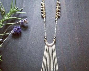Warrior Necklace . Sterling Silver Fringe Necklace with Brass and Pyrite Accents