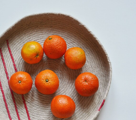 Natural jute rustic tray with red accent Simple decor coastal kitchen fruit tray or decorative basket. Key holder basket Summer decor basket