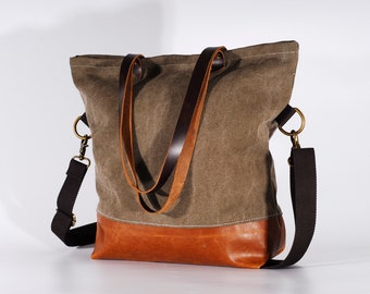 Mother's Day Gift!Convertible Tote, Canvas Base Cotton Adjustable Strap - /Canvas and Leather Tote/Diaper Bag/Leather Bag/Leather tote