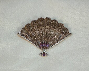 Vintage Sterling Fan Brooch with Marcasites and Faceted Amethyst Glass Stones