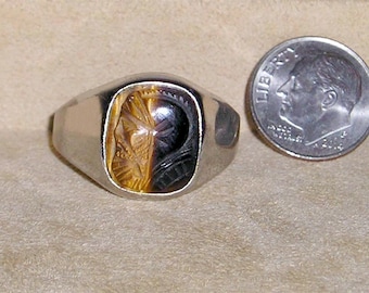 Vintage Signed Sterling Silver Men's Real Carved Tiger Eye Roman soldier Cameo Ring. Distinctive 1960's Size 12 Jewelry 2312
