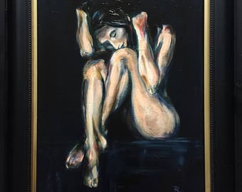 Contemporary Art-title: Contemplating Woman-modern acyl painting nude model-dim. 38 x 51 cm + wooden frame-Worldwide shipping