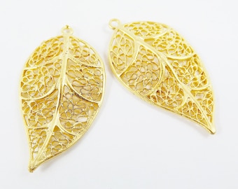 Small Filigree Leaf Pendant Charms - 22k Matte Gold Plated - 2PC