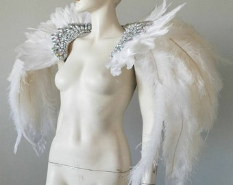 White Epaulet Shoulder Piece Angel Wings Feather Ostrich Fantasy Fest Carnival Showgirl samba Epaulette